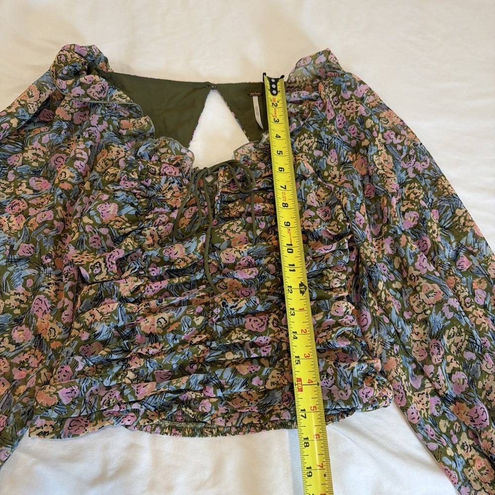 Free People Shirt Womens XS Green Floral Smocked Mabel Puff Sleeve Boho Top - Picture 6 of 7
